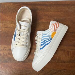 Soludos Cream Leather Embroidered Sneakers New